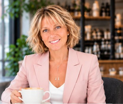 Renee smiling in a pink blazer with a cup of coffee