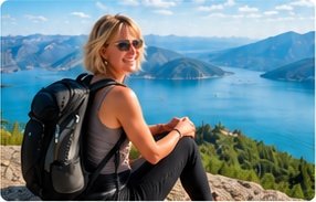 Renee hiking above a blue alpine lake
