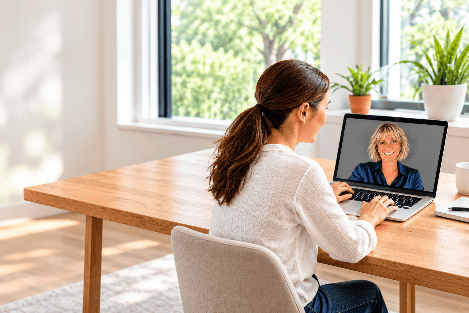 An adult student having a private online English lesson with Renee